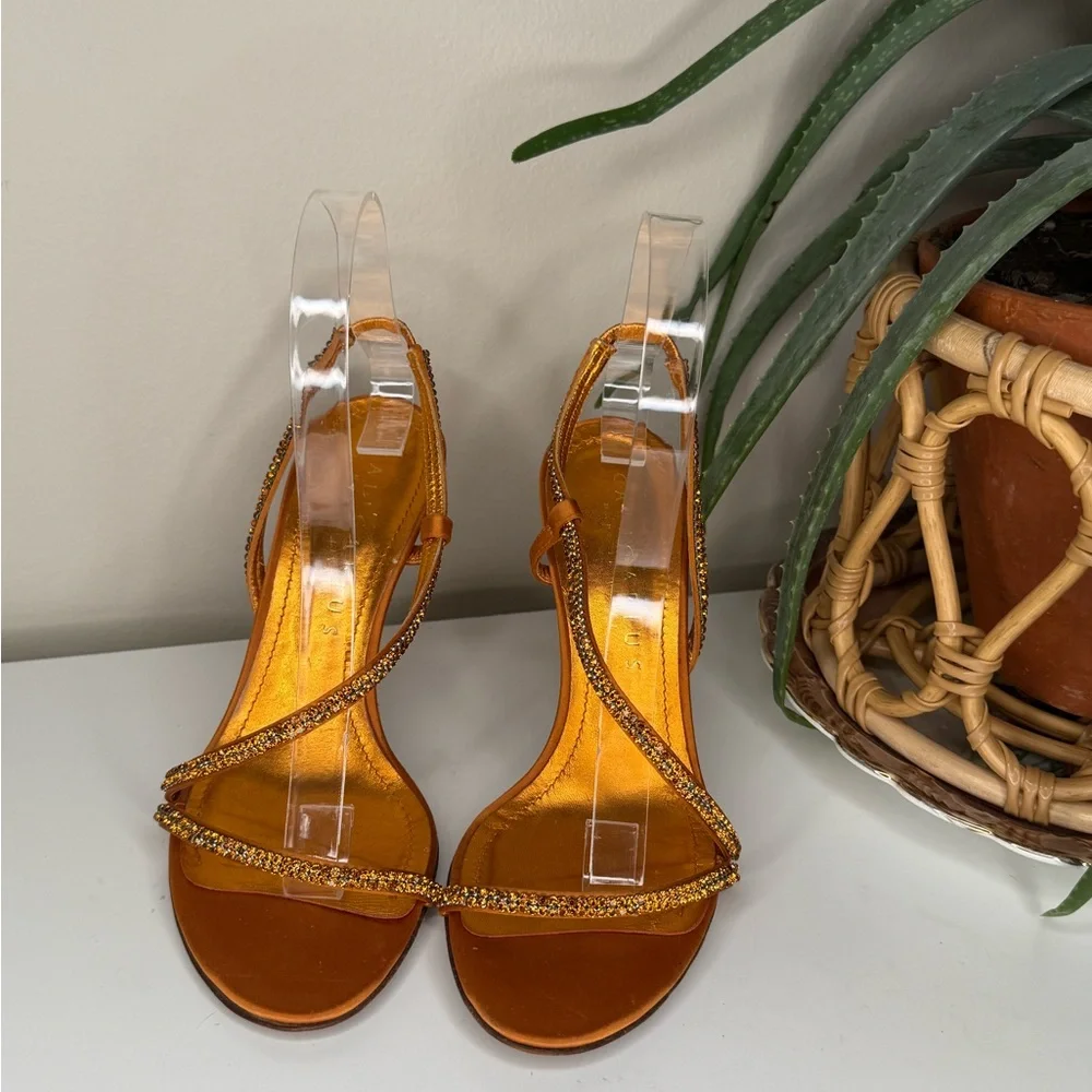 Caligarius Cometa Orange Satin Swarovski Crystal Heels Made in Italy Sz 37/ US 7 - Picture 4 of 12